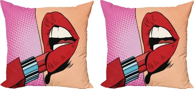 Produktbild von ABAKUHAUS Lippen Kissenbezug Set (2Stück), Retro Cartoon Rote Lippenstift Make Up Konzept Halbtonhintergrund Illustration, 40 x 40 cm, Mehrfarbig