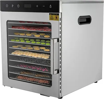 Obrázok produktu pre Sušička potravín z nehrdzavejúcej ocele, 10-poschodová, 800W, nastaviteľná teplota (30-90 °C) a časovač, odnímateľné plášte z nehrdzavejúcej ocele. Vhodná na sušenie ovocia, zeleniny, mäsa, húb a iných potravín