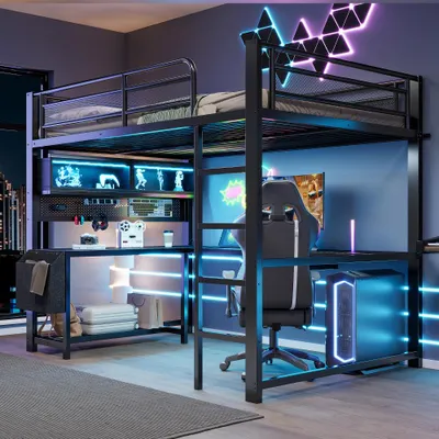 Produktbild von Gaming-Hochbett mit Schreibtisch, Tastaturablage, Staufächern, LED-Beleuchtung und Ladestation, Schwarz (140 x 200 cm)
