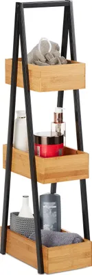 Produktbild von Relaxdays Badregal Bambus, 3 Ablagen, Natur/Schwarz, H 81 x B 18 x T 30 cm, Leiterdesign, 5 kg pro Ablage