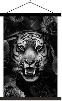 Produktbild von MuchoWow® Textilposter Tiger zwischen den Blumen - schwarz und weiß 120x180 cm mit schwarzem Rahmen - Fotos