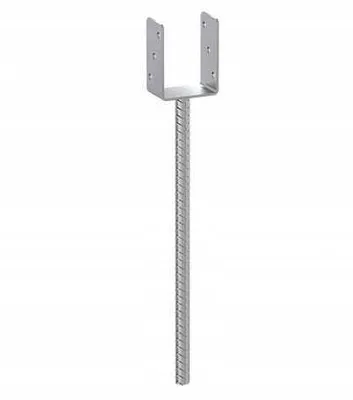 A metal post anchor with a U-shaped bracket and a ribbed metal stake.