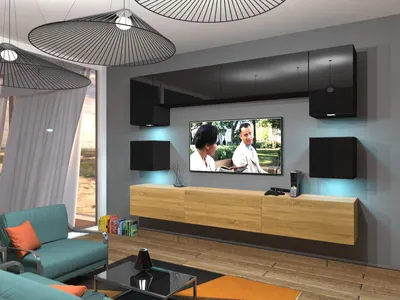 Obrázek produktu pro Furnitech Obývací stěna - Nábytek do obývacího pokoje s LED RGB - Moderní závěsná skříňka - Obývací stěna (Nowara AN1-17BD-HGM44 1A)