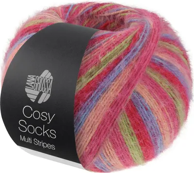Produktbild von Lana Grossa Meilenweit 100 g COSY SOCKS Multi Stripes 400 m Flauschige Merino-Sockenwolle Farbe 152 - Tulpenrot/Veilchenblau/Lachsrosa/Pink/Hellgrün