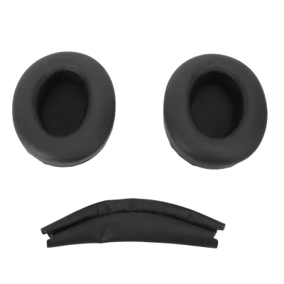 Three black headphone accessories are laid out on a white background. Two are circular ear pads, and one is a padded headband cover.