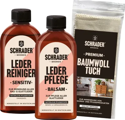 Produktbild von SCHRADER Lederpflege Set - 2x250ml - Reiniger, Balsam und Poliertuch - farbneutral - für Ledermöbel & Lederkleidung