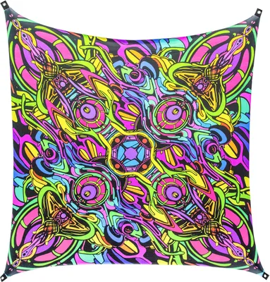 Produktbild von PSYWORK Schwarzlicht Segel Elasthan Dragon Temple II, 2,25x2,25m UV-aktiv Neonparty