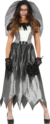 Produktbild von Gespenst Halloween Braut Outfit Schleier Spitzenkleid, Größe: 42 - 44 (L) Farbe: Schwarz