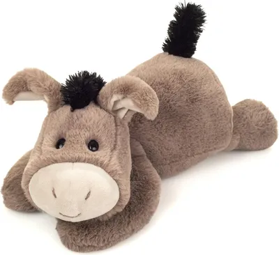 A plush toy donkey lying down on a white background.