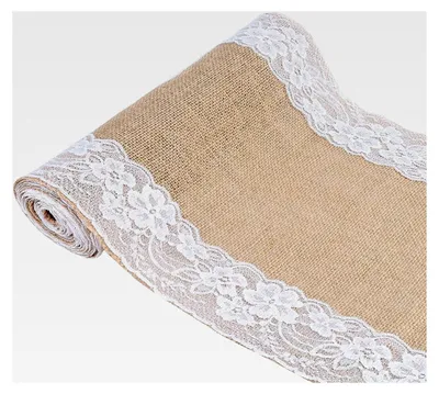 Produktbild von Natürlicher Jute Tischläufer mit Spitze für Hochzeitsdekoration - 30 x 275 cm