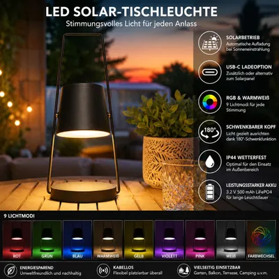 Produktbild von LED Solar-Tischleuchte mit USB-C | Akku Outdoor Tischlampe | Schwenkbarer Lampenkopf 180° | Warmweiß | IP44 wetterfest | Garten, Balkon & Terrasse, KI-generiertes Bild