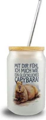 Produktbild von Glücklich mit dir fröhliches Capybara Trinkglas mit Bambusdeckel