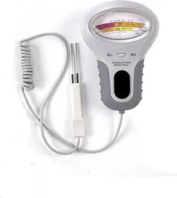 A digital pH and chlorine meter with a probe and a coiled cord, set against a white background.