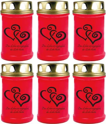 Produktbild von Grabkerze Rot 6er Pack, Brenndauer: 48 Stunden ( je Kerze ), Motiv: Herz