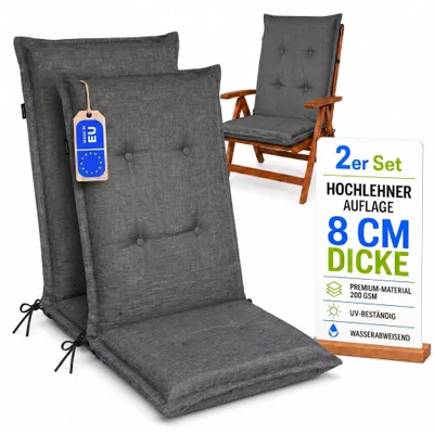 Produktbild von Pillows24 - 2x Hochlehner Auflagen 120x50x8 cm | Gesteppte Wetterfeste Gartenstuhlauflagen | Sitzkissen für  Gartenmöbel |   EU | Dunkelgrau