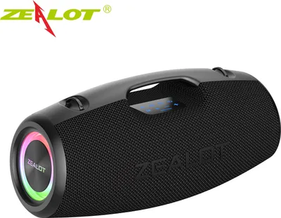 A black portable Bluetooth speaker with a handle and colorful LED lights on the front.