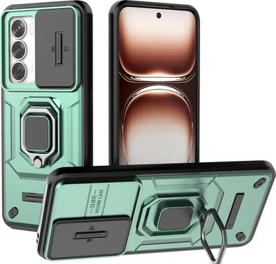 Produktbild von Hülle für Oppo Reno12 Dual Layer Handyhülle Schiebe Kamera Schutz und Ringhalter Ständer Grün