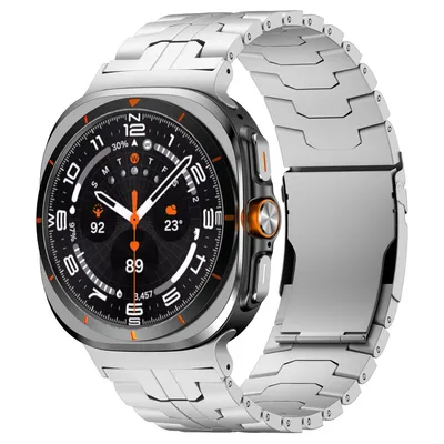 A smart watch with a metal band, displayed against a white background.