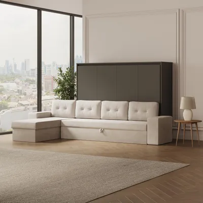 Produktbild von Schrankbett M2 Horizontal 140x200  mit Ecksofa Sandgrau Anthrazit