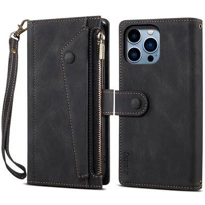 Obrázek produktu pro Ochranné pouzdro pro iPhone 15 Pro Max kožené pouzdro na zip, skládací peněženka s přihrádkou na karty, stojánek a poutko černé