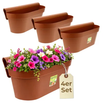 Produktbild von 4er Set Geländerkasten Balkon mit Wasserspeicher Blumentopf Zaun Blumenkasten Geländer Balkontopf Balkonkasten Geländerkasten Blumenkasten Balkon Terracotta 50 cm