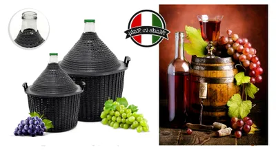 Produktbild von Weinballon 5L mit Kunststoffkorb und Gärröhrchen sowie rotem Gummistopfen