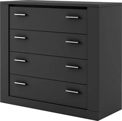 A black chest of drawers with four drawers and silver handles, shown from the front.