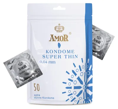 Obrázok produktu pre AMOR Premium kondómy Super Thin 0,04, extra tenká stena s hrúbkou 0,04 mm, Ø 53 mm, 50 kusov