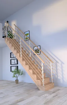 Produktbild von Holztreppe Lindos (Eiche) in gerader Ausführung-100 cm-Design Geländer Holzrundstäbe-beidseitig-mit Setzstufen