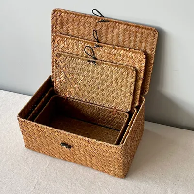 Produktbild von 3x Seegras-Aufbewahrungskörbe Mit Deckel Für Haus- Und Badezimmer Organisation S,M,L