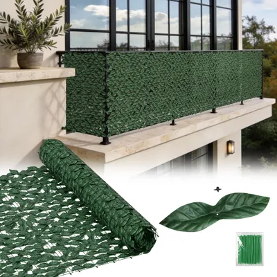 Obrázek produktu pro UISEBRT Umělý břečťanový plot 100 × 300 cm, zahradní plot z PE, fixovatelné listy, rozšiřitelný, včetně kabelových sponek, plot z popínavých listů