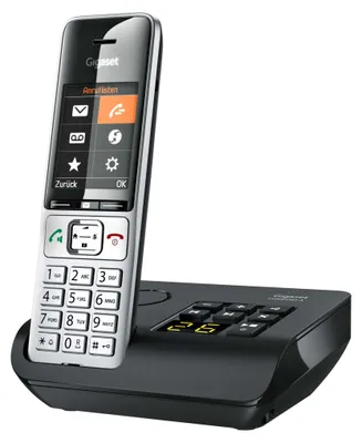 Produktbild von Gigaset COMFORT 500A, Analoges/DECT-Telefon, Kabelgebundenes Mobilteil, Freisprecheinrichtung, 200 Eintragungen, Anrufer-Identifikation, Schwarz, Silber