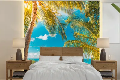Produktbild von MuchoWow® Fototapete für Wohnzimmer oder Schlafzimmer Wandtapete Vinyl Motivtapete Strand - Palme - Meer - 240x240 cm - Schlafzimmer-Tapete