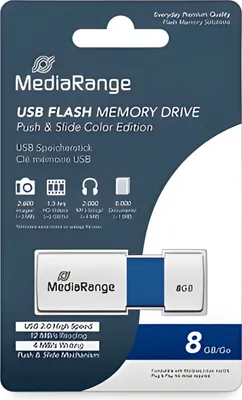Zdjęcie produktu dla MediaRange MR971, 8 GB, USB Typu-A, 2.0, 12 MB/s, Łożysko tulejowe, Niebieski, Biały