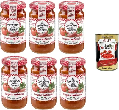 Produktbild von Le Conserve della Nonna- Sugo Ragù di Salsiccia Wurst-Ragù-Sauce 6x 190g + Italian Gourmet Polpa 400gr