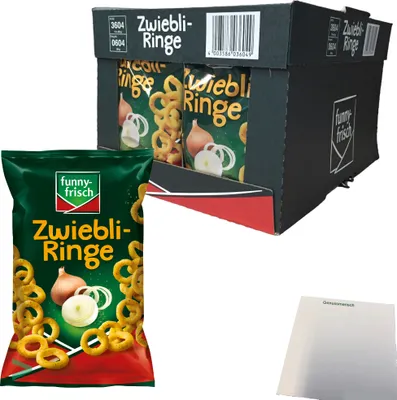 Produktbild von Funny Frisch Zwiebliringe geoldgelbe Maisringe mit herzhaftem Zwiebelgeschmack 14er Pack (14X80g Tüte) + usy Block