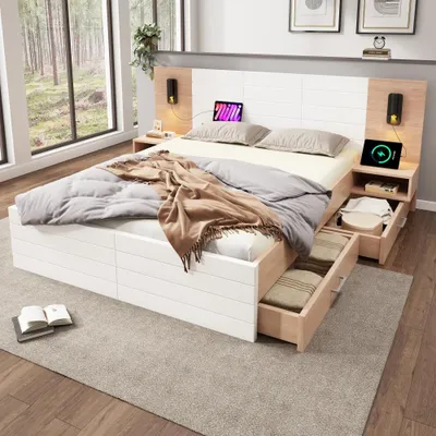 Produktbild von Doppelbett 160x200 Holzbett mit Lattenrost, 2 Schubladen, Kopfteil mit Leselicht und USB Ladefunktion, Bettanlage in Weiß/Eiche