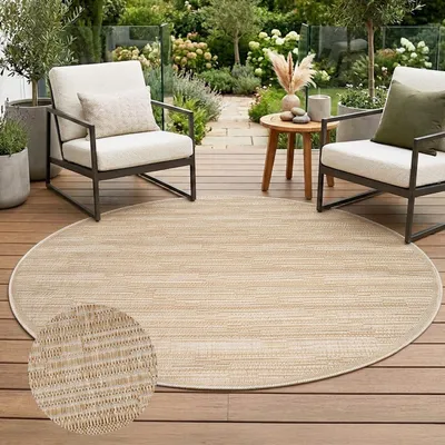 Produktbild von Outdoor Teppich Wetterfest Balkon Terrasse Braun 160 cm Rund - Meliertes Muster, Flachgewebe, Sisal-Optik, Flachgewebe
