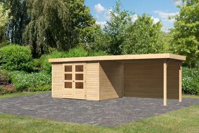Produktbild von Karibu Gartenhaus Gerätehaus Askola 5 im Set mit Anbaudach 2,80 m Breite und 19 mm Rückwand naturbelassen 557x246x211 cm