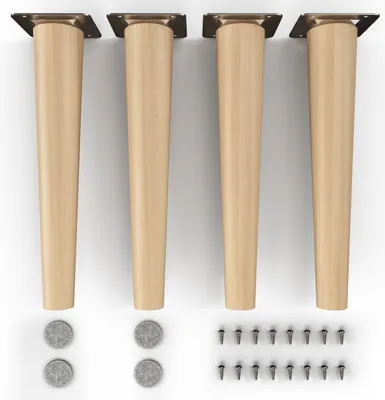 Four wooden furniture legs with metal mounting plates, along with felt pads and screws, arranged on a white background.