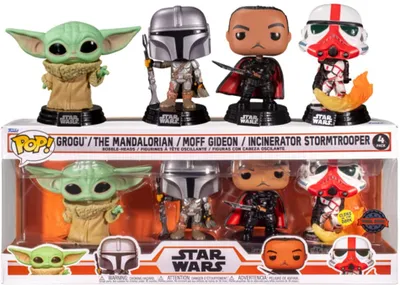 Zdjęcie produktu dla Star Wars Mandalorian Funko POP! PVC zestaw kolekcjonerski 4 figurek - Grogu, Mandalorianin, Gideon i Szturmowiec