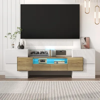 Produktbild von Merax TV-Schrank Hochglanz (1-St) Lowboard mit LED und Stauraum, Fernsehtisch, TV-Ständer, Breit: 145 cm, Natur