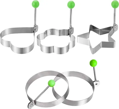 Produktbild von Egg Ring 5 Stück, Edelstahl Omeletts 9,5-10,5 cm, Antihaft Pancake Form Runde Liebesherz Stern Blumen, Spiegeleierformen