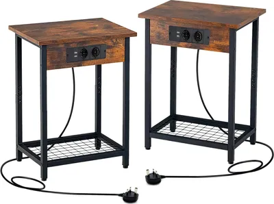 Produktbild von Zestaw 2 stolików bocznych ze stacją ładującą, industrialne stoliki nocne z 2 gniazdami i 2 portami USB oraz schowkiem (brązowy)