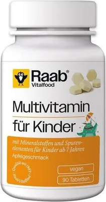 Produktbild von Raab Vitalfood Multivitamin Kids | 90 Lutschtabletten | mit Xylit | für Kinder ab 7 Jahren | Apfelgeschmack | vegan