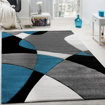 Produktbild von Paco Home, Teppich, Türkis Grau Schwarz, 160x230 cm, Konturenschnitt, Modern, Geometrische Muster, 100% Polypropylen, Kinderzimmer, Fußbodenheizung geeignet bis 24 Grad, weich