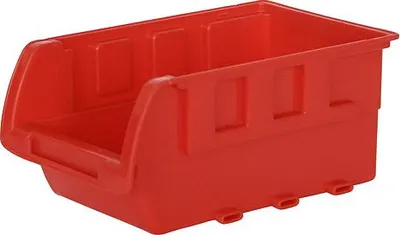 A red plastic storage bin is shown from a slightly elevated side angle against a white background.