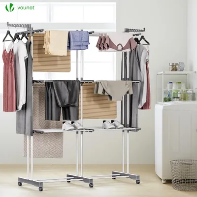 Produktbild von VOUNOT® Wäscheständer Turm Ausziehbar mit Faltbaren Flügeln, 3 Ebenen, 40m Trockenlänge, Schwarz