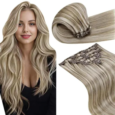 Immagine prodotto di Extension per capelli con clip, capelli veri Remy, color castano scuro con riflessi platino, lunghezza 50 cm, peso 120 grammi, confezione da 7 pezzi
