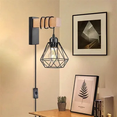 Industrielle Wandleuchte E27 mit Schalter, Retro Holz, 30 cm